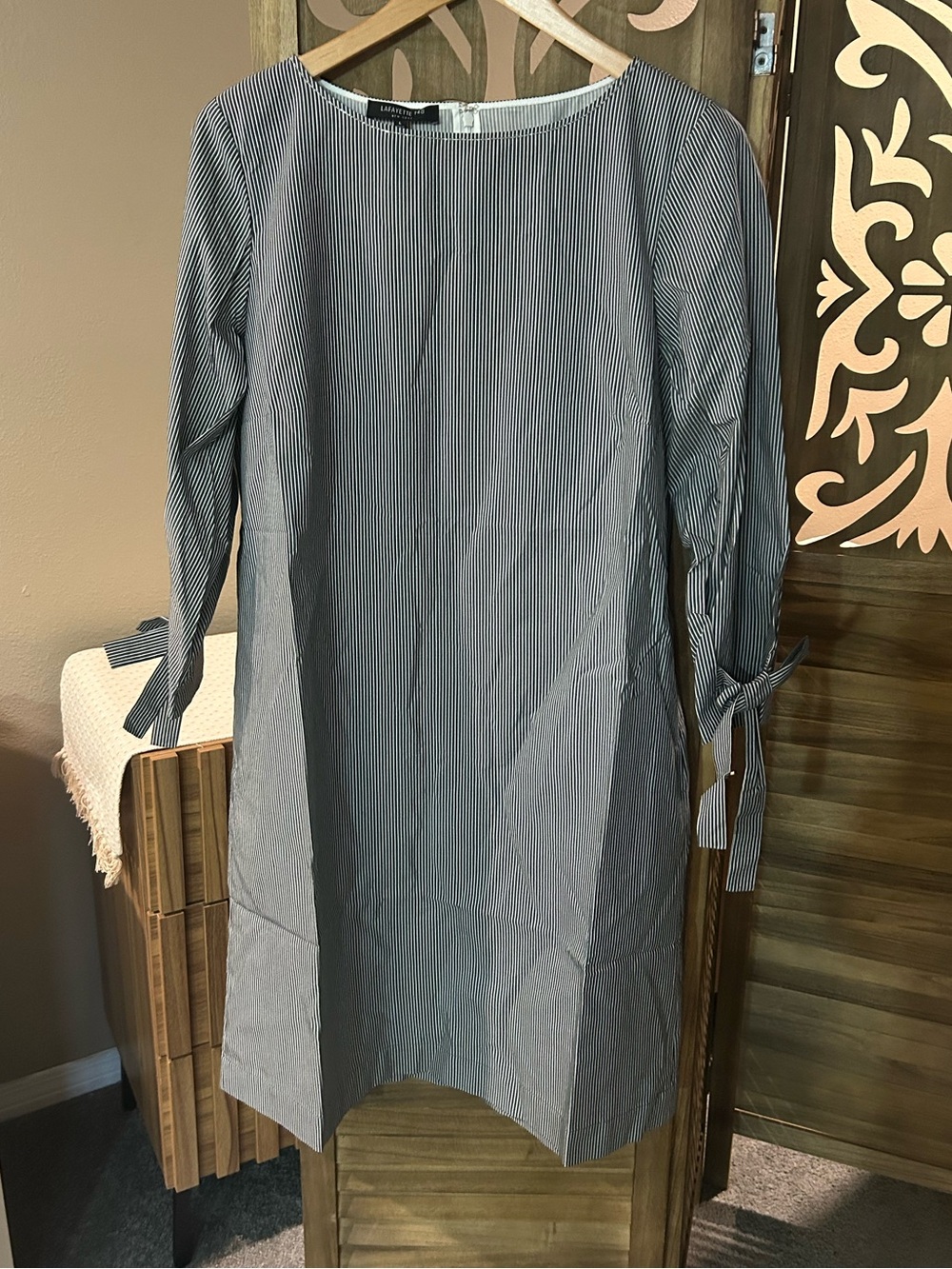 Lafayette 148 Striped Cotton/Silk Shift Dress with Bow Sleeves NWT Size L
